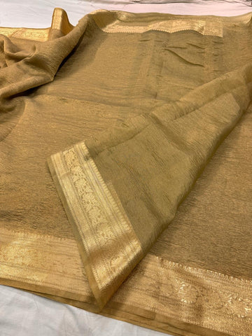 Pre-Draped Moss Green Crush Tissue Banarasi Silk Saree