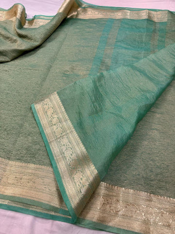 Pre-Draped Sea Green Crush Tissue Banarasi Silk Saree