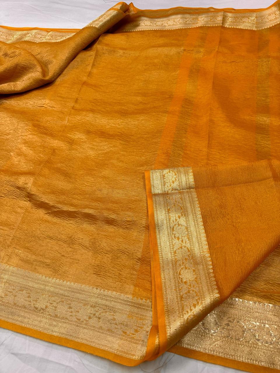 Pre-Draped Yellow Crush Tissue Banarasi Silk Saree