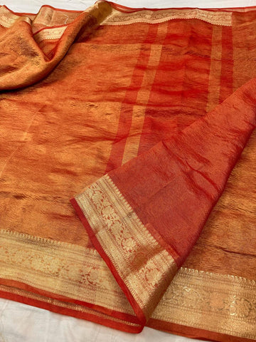 Pre-Draped Orange Crush Tissue Banarasi Silk Saree