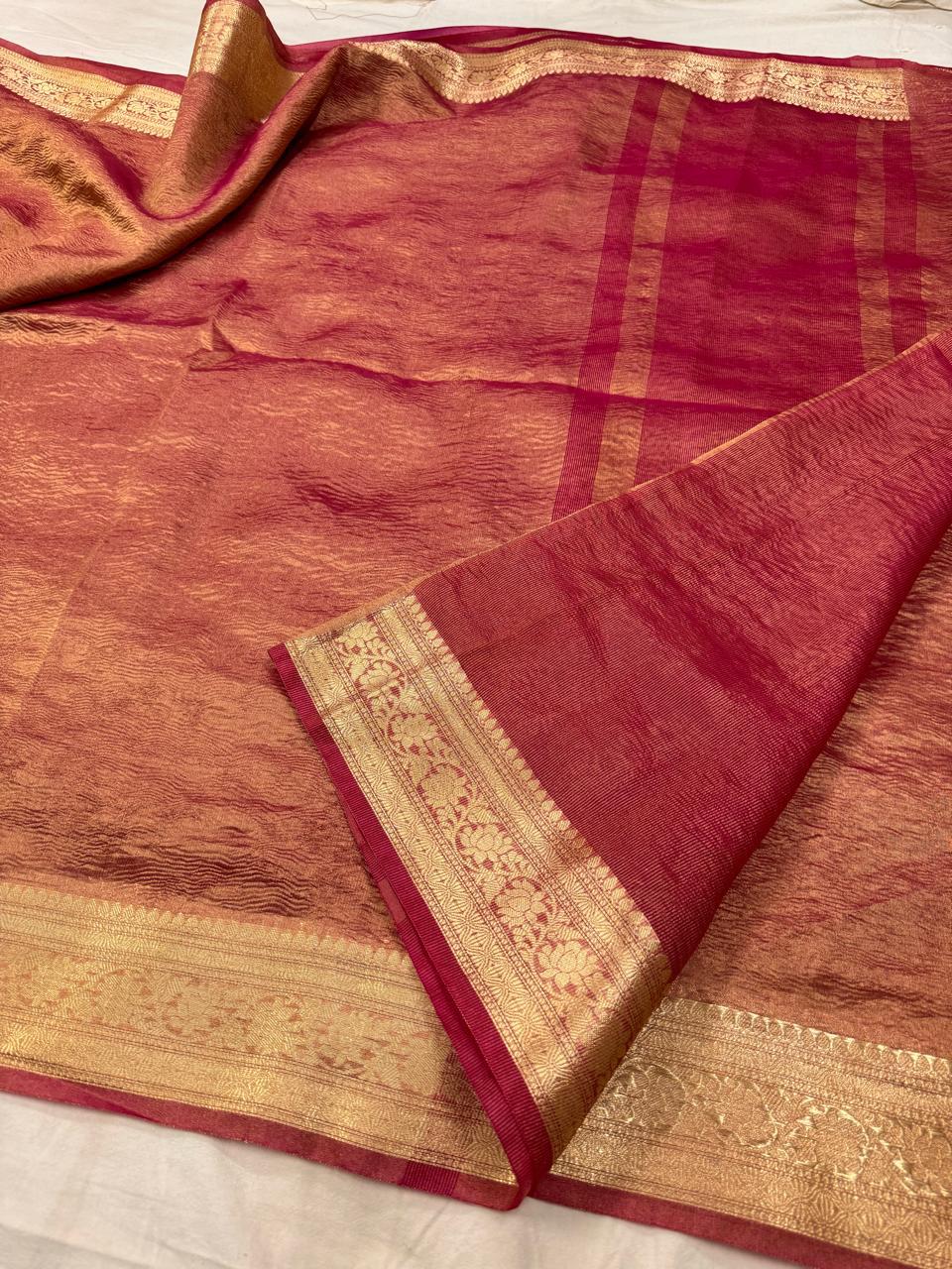 Pre-Draped Red Crush Tissue Banarasi Silk Saree