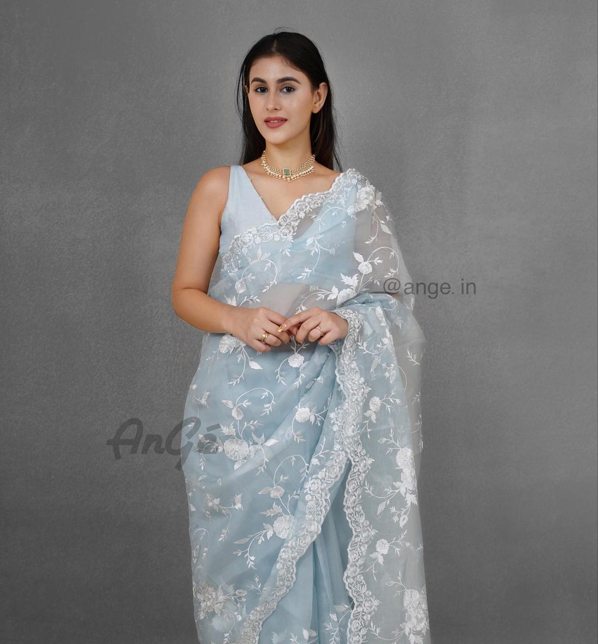 Pre-Draped Light Blue Kora Organza Banarasi Silk Saree