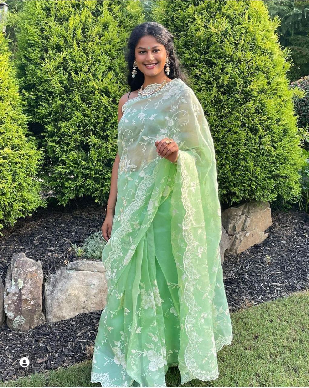 Pre-Draped Light Green Kora Organza Banarasi Silk Saree