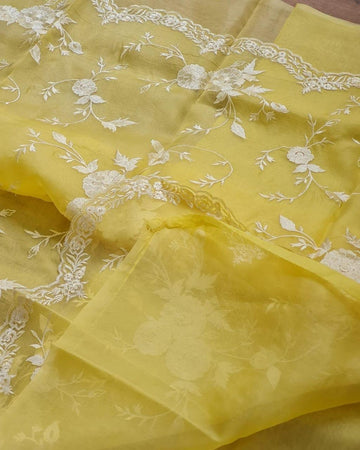 Pre-Draped Lime Yellow Kora Organza Banarasi Silk Saree