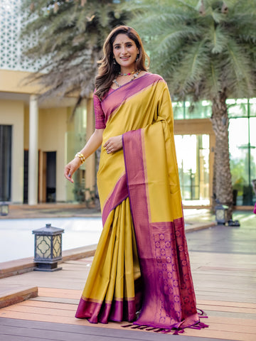 Mustard Yellow Kubera Pattu Kanjivaram Silk Saree