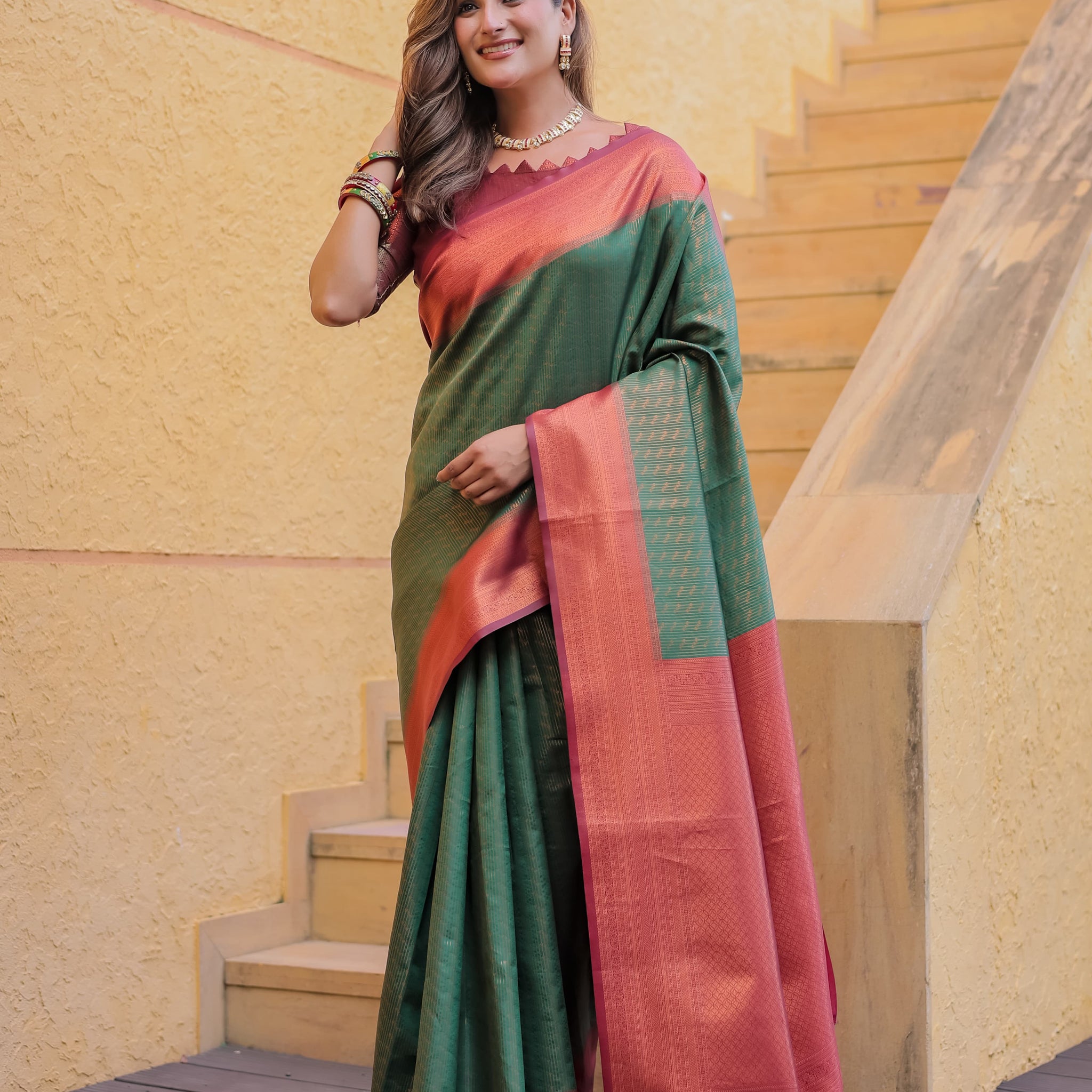 Pine Green Kubera Pattu Kanjivaram Silk Saree