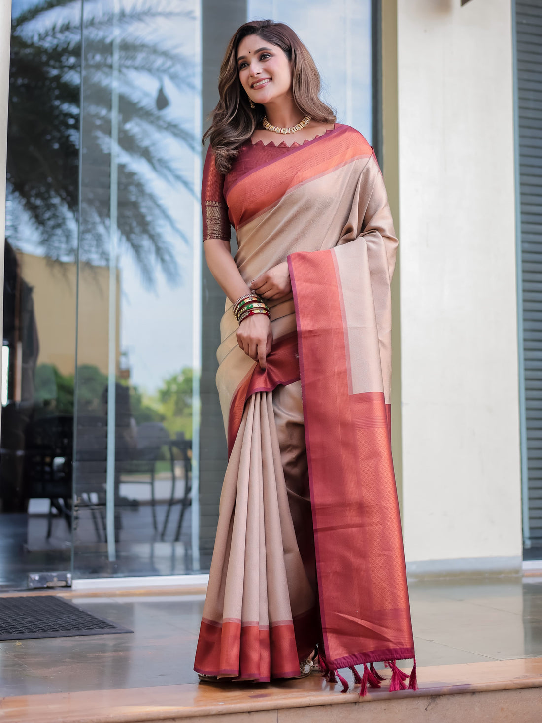 Beige Kubera Pattu Kanjivaram Silk Saree