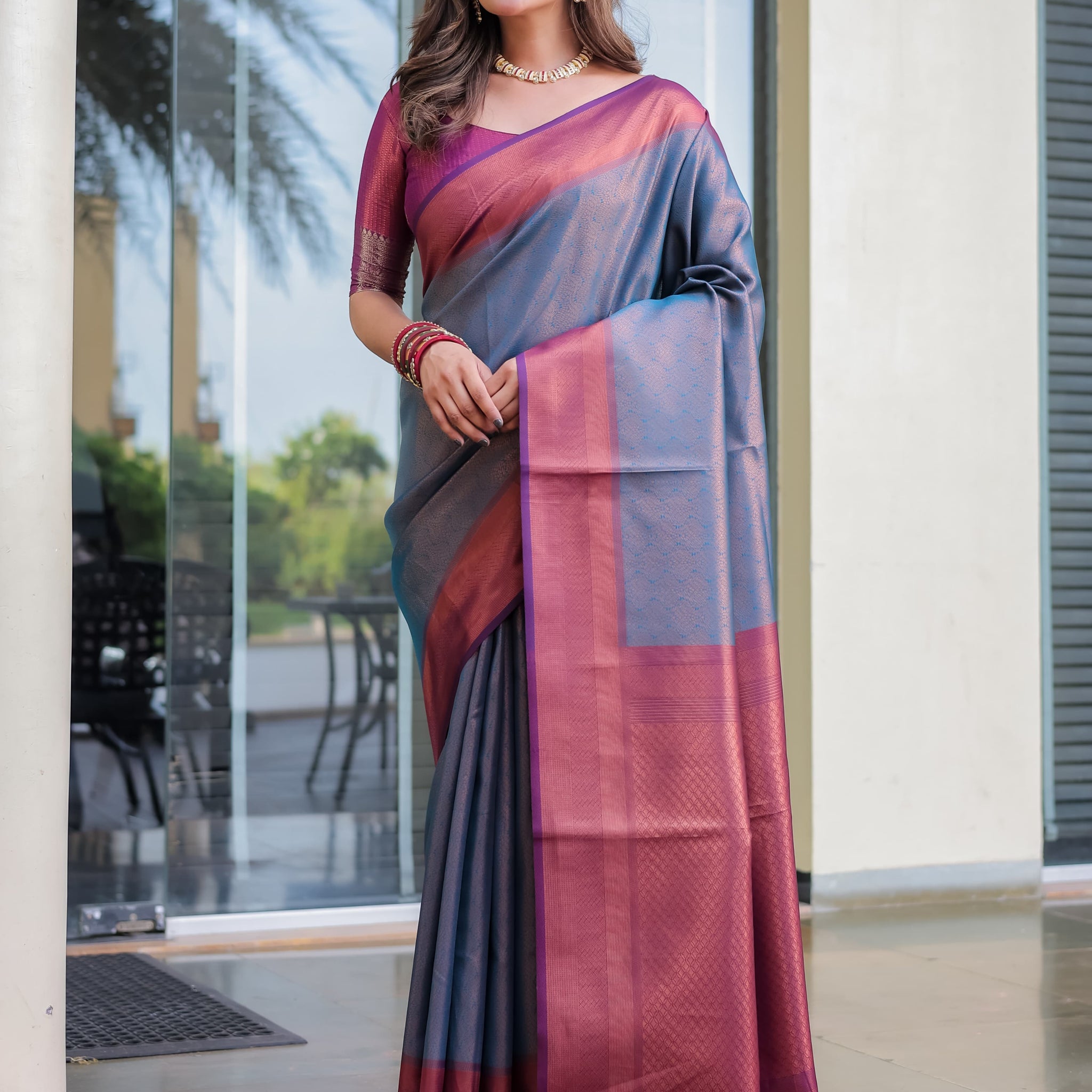 Ocean Blue Kubera Pattu Kanjivaram Silk Saree