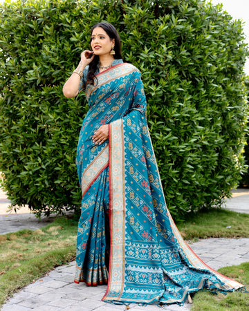 Teal Blue Ikkat Patola Silk Saree