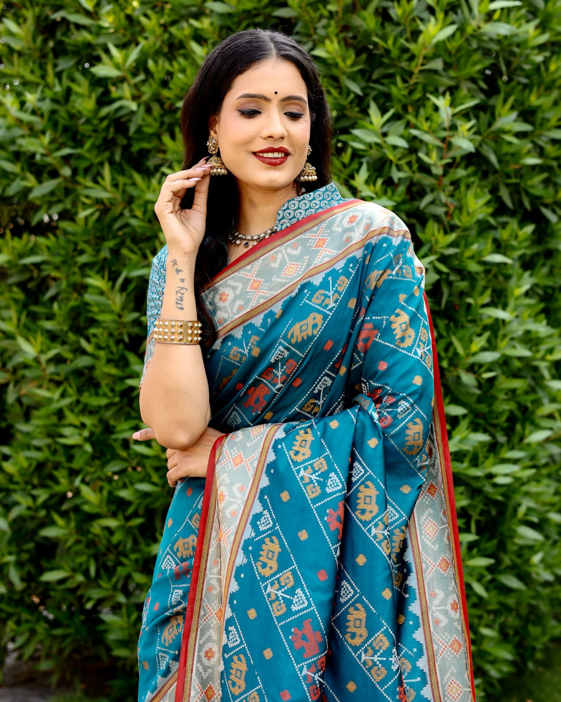 Teal Blue Ikkat Patola Silk Saree