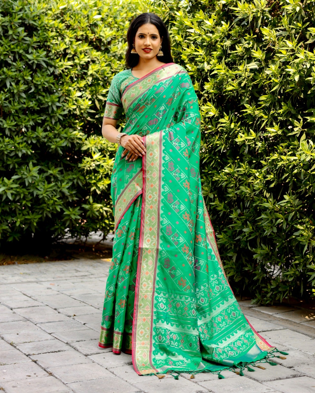 Teal Green Ikkat Patola Silk Saree