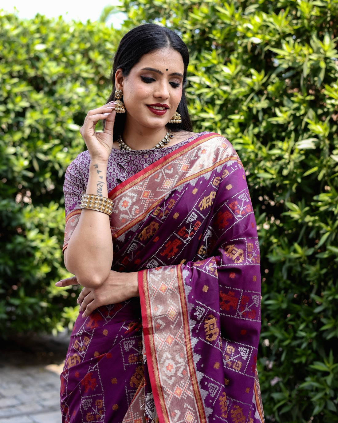 Wine Ikkat Patola Silk Saree