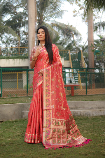 Pink Organza Ikkat Weave Patola Silk Saree