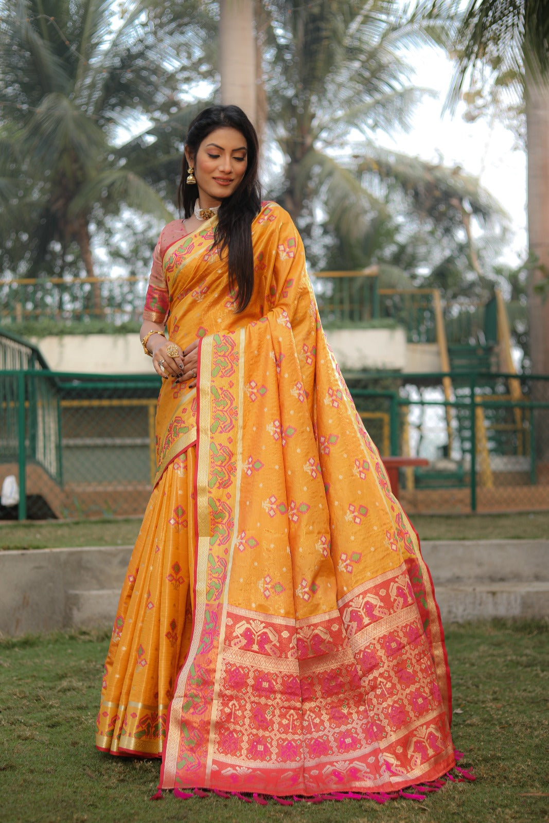 Yellow Organza Ikkat Weave Patola Silk Saree