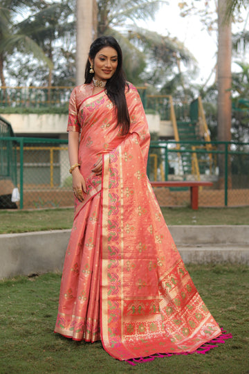 Peach Organza Ikkat Weave Patola Silk Saree