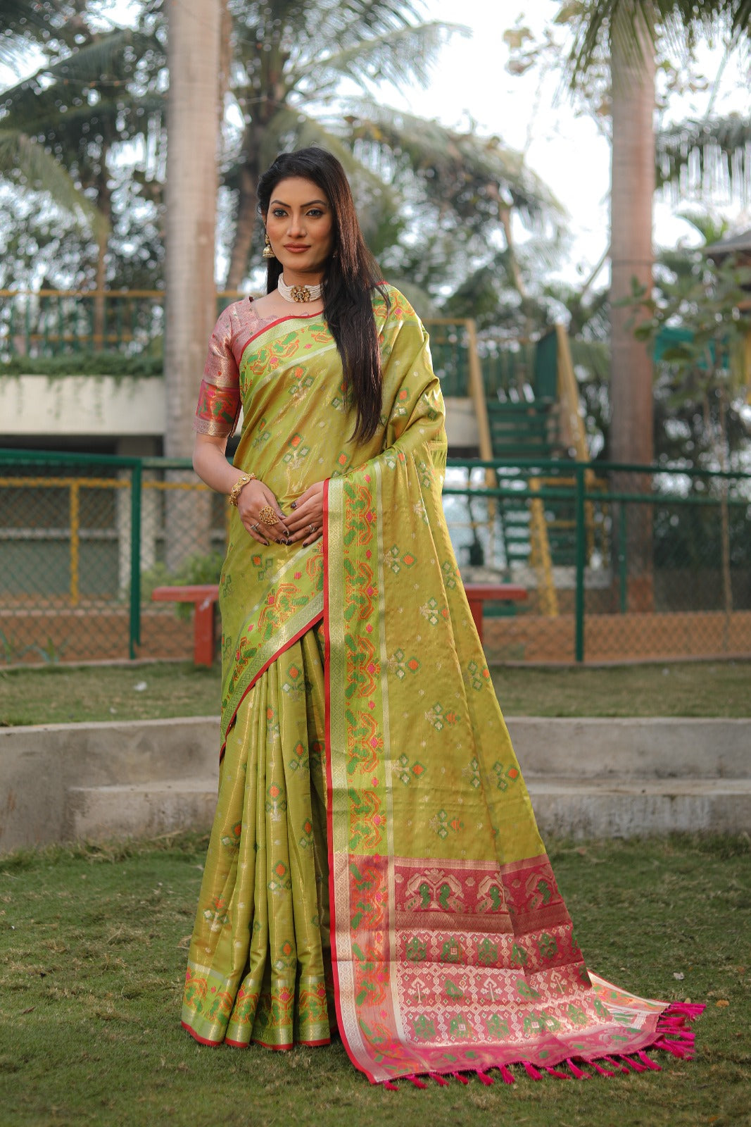 Olive Green Organza Ikkat Weave Patola Silk Saree