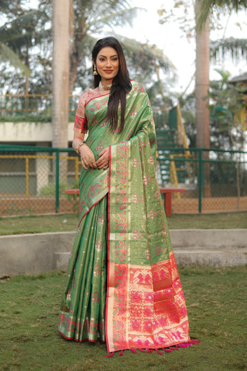 Green Organza Ikkat Weave Patola Silk Saree