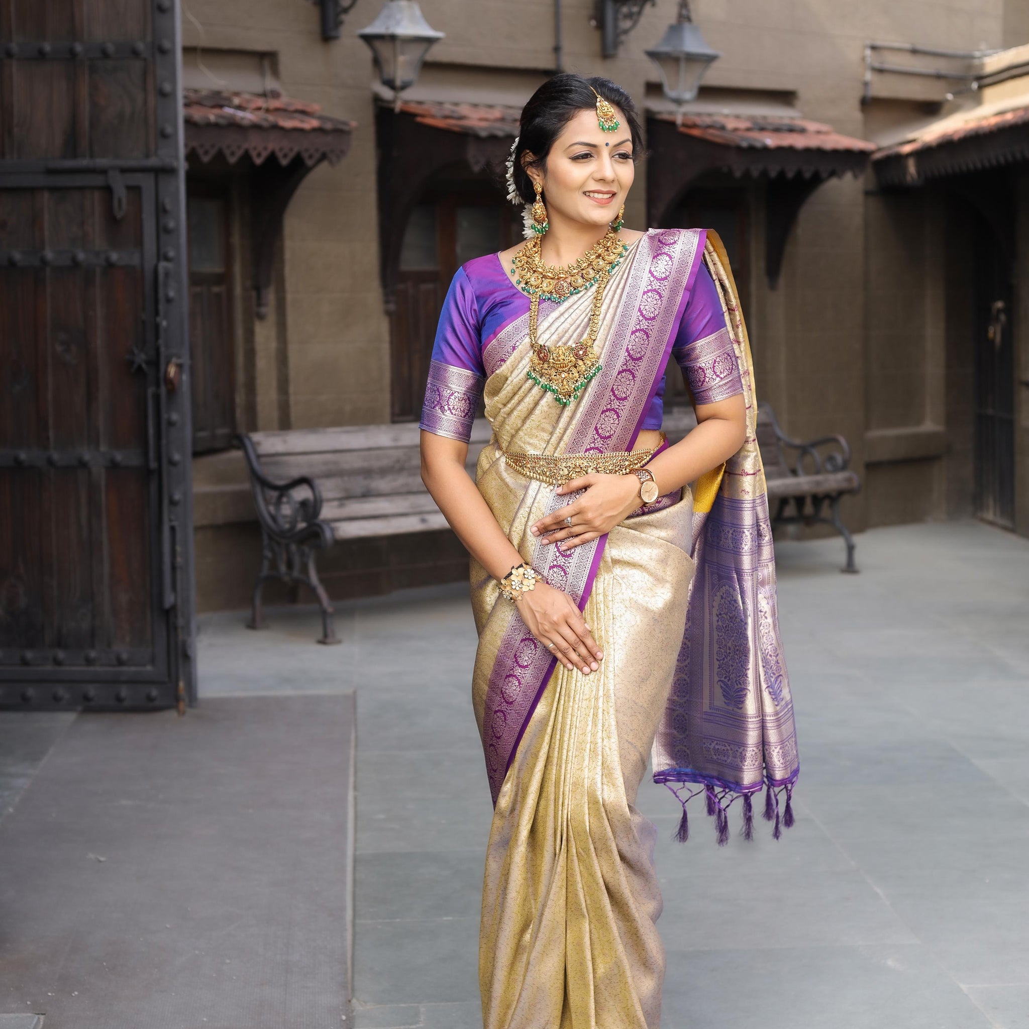 Beige Soft Silk Saree With Exclusive Purple Border