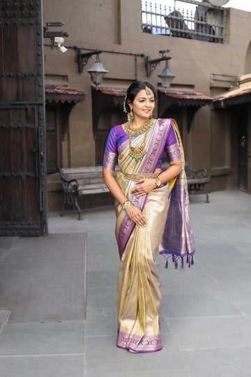 Beige Soft Silk Saree With Exclusive Purple Border