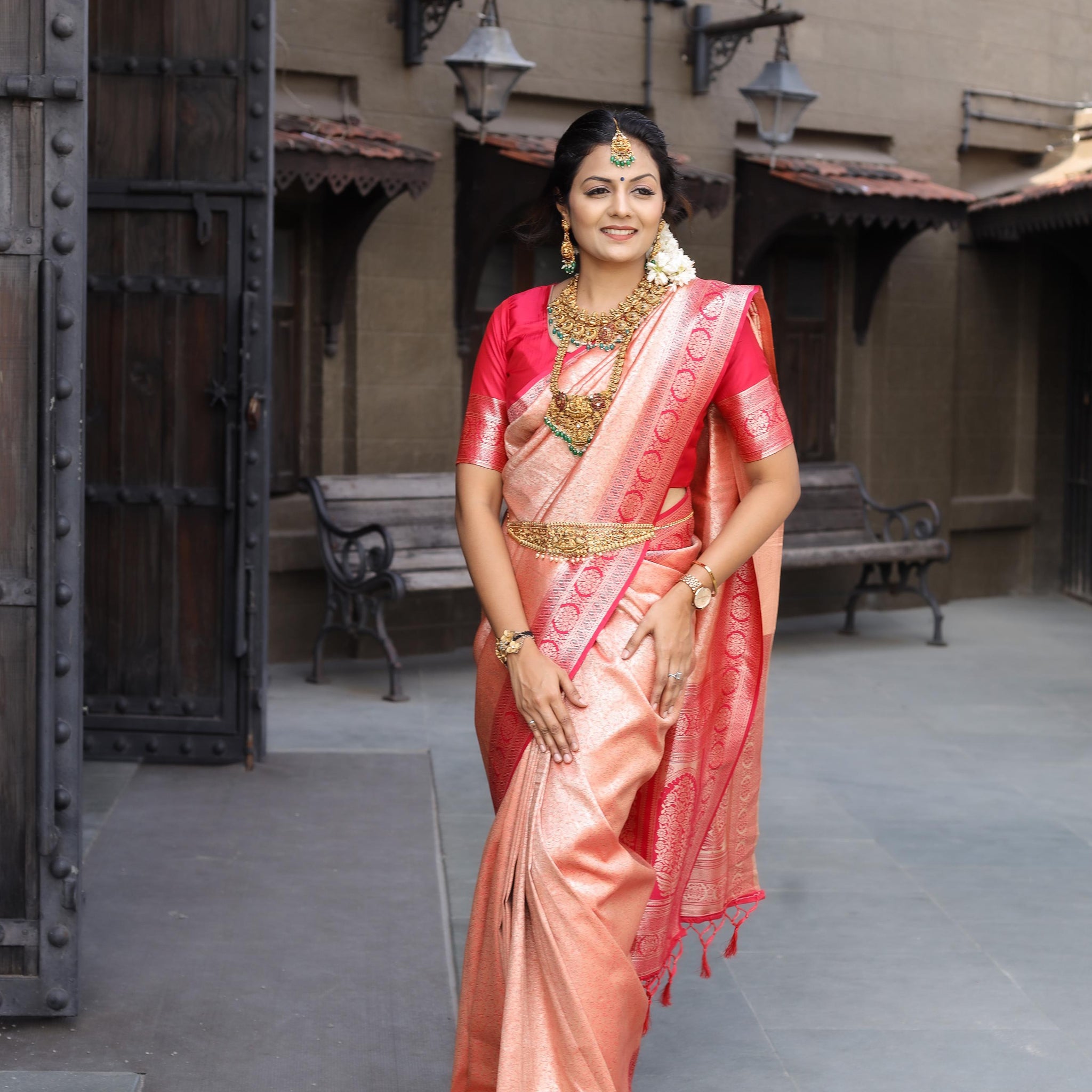 Peach Soft Silk Saree With Exclusive Red Border