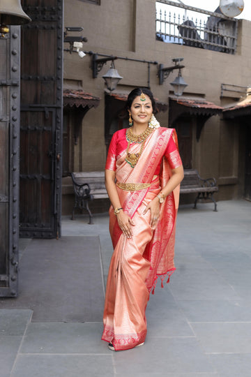 Peach Soft Silk Saree With Exclusive Red Border