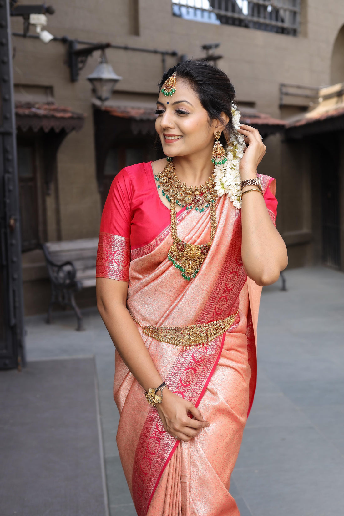 Peach Soft Silk Saree With Exclusive Red Border