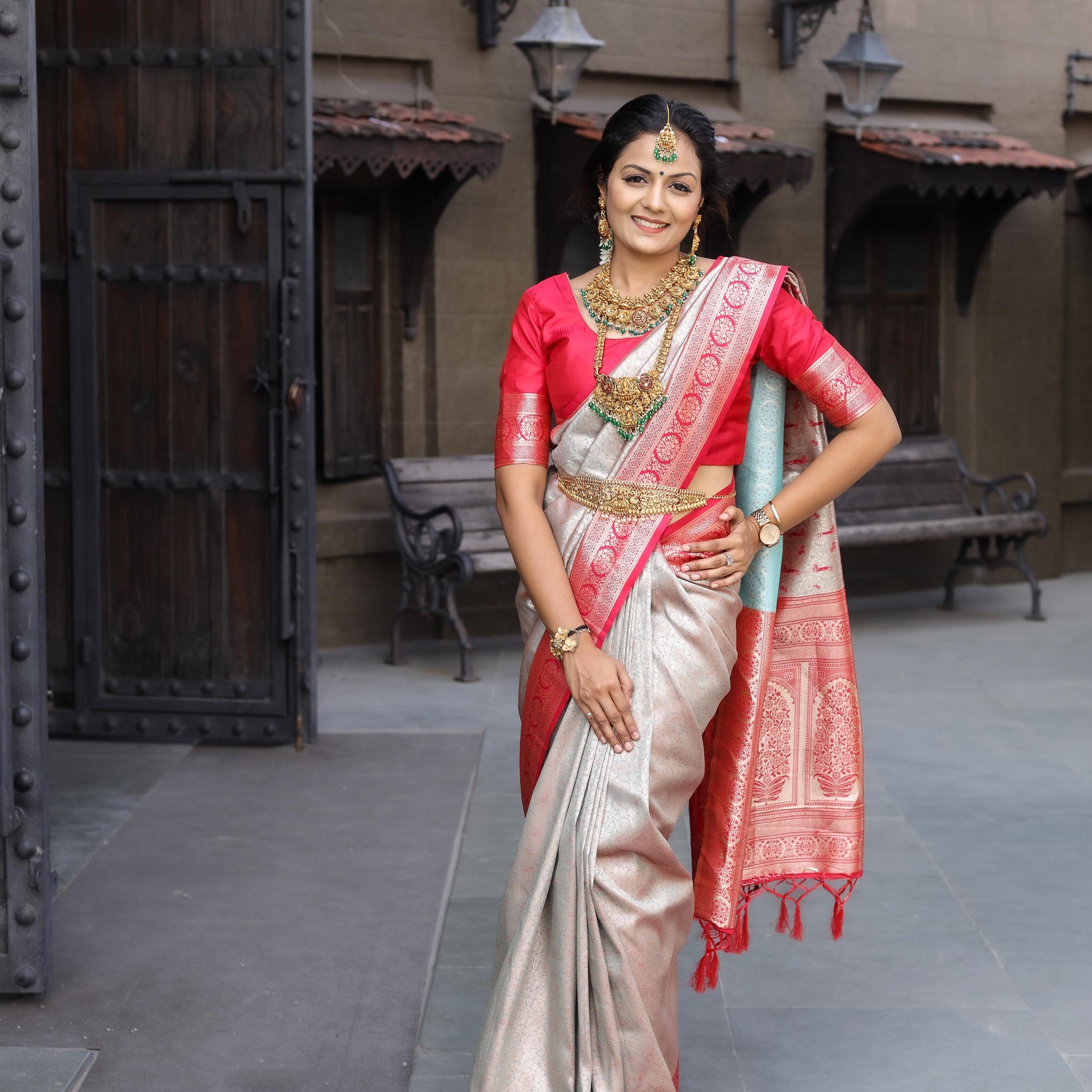 Silver Gray Soft Silk Saree With Exclusive Red Border