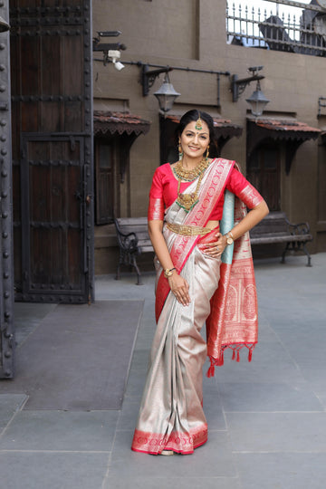 Silver Gray Soft Silk Saree With Exclusive Red Border