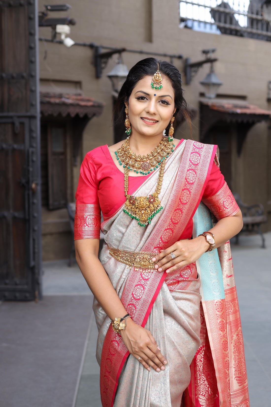 Silver Gray Soft Silk Saree With Exclusive Red Border