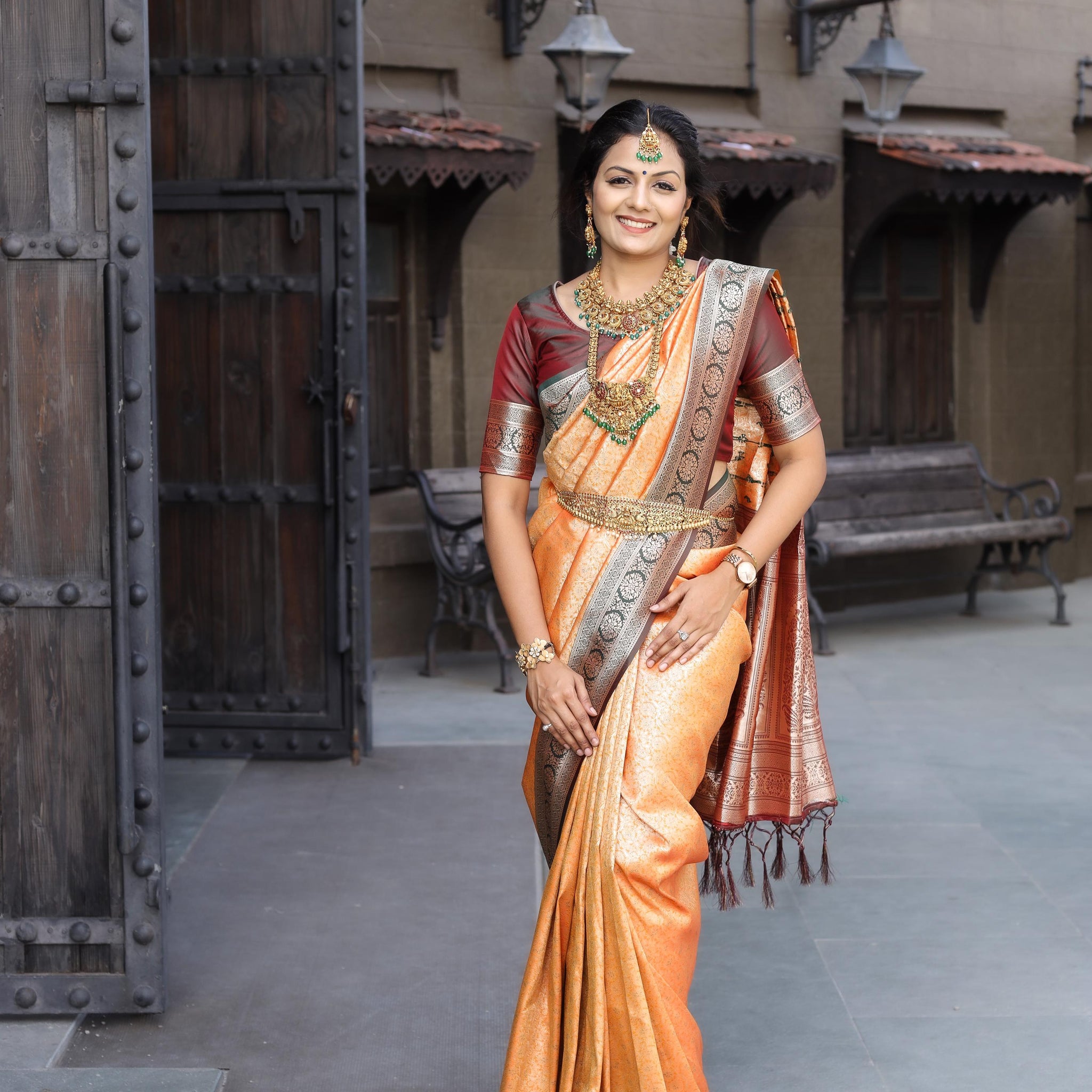 Light Orange Soft Silk Saree With Exclusive Maroon Border