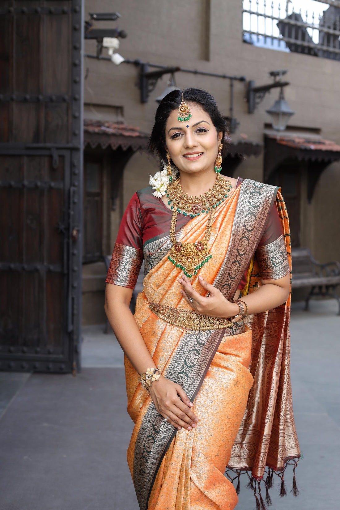 Light Orange Soft Silk Saree With Exclusive Maroon Border