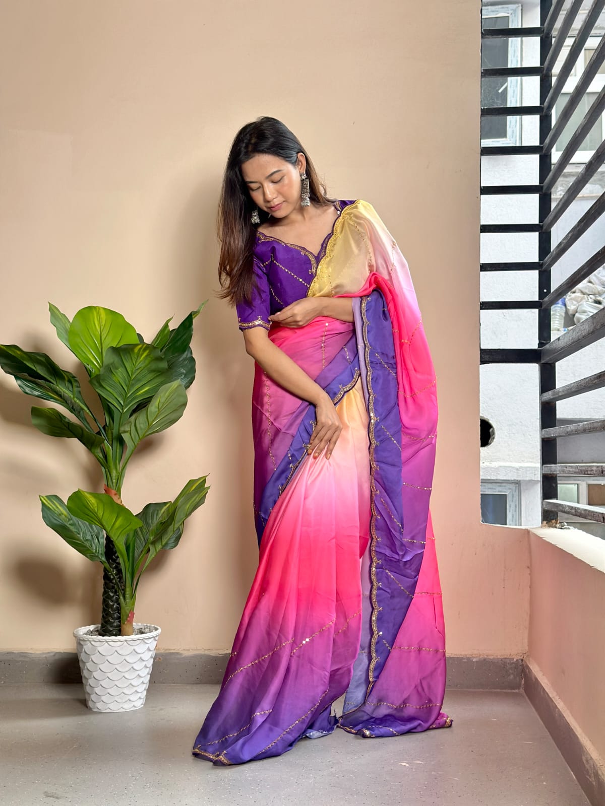 Multicolored Soft Georgette Satin Saree