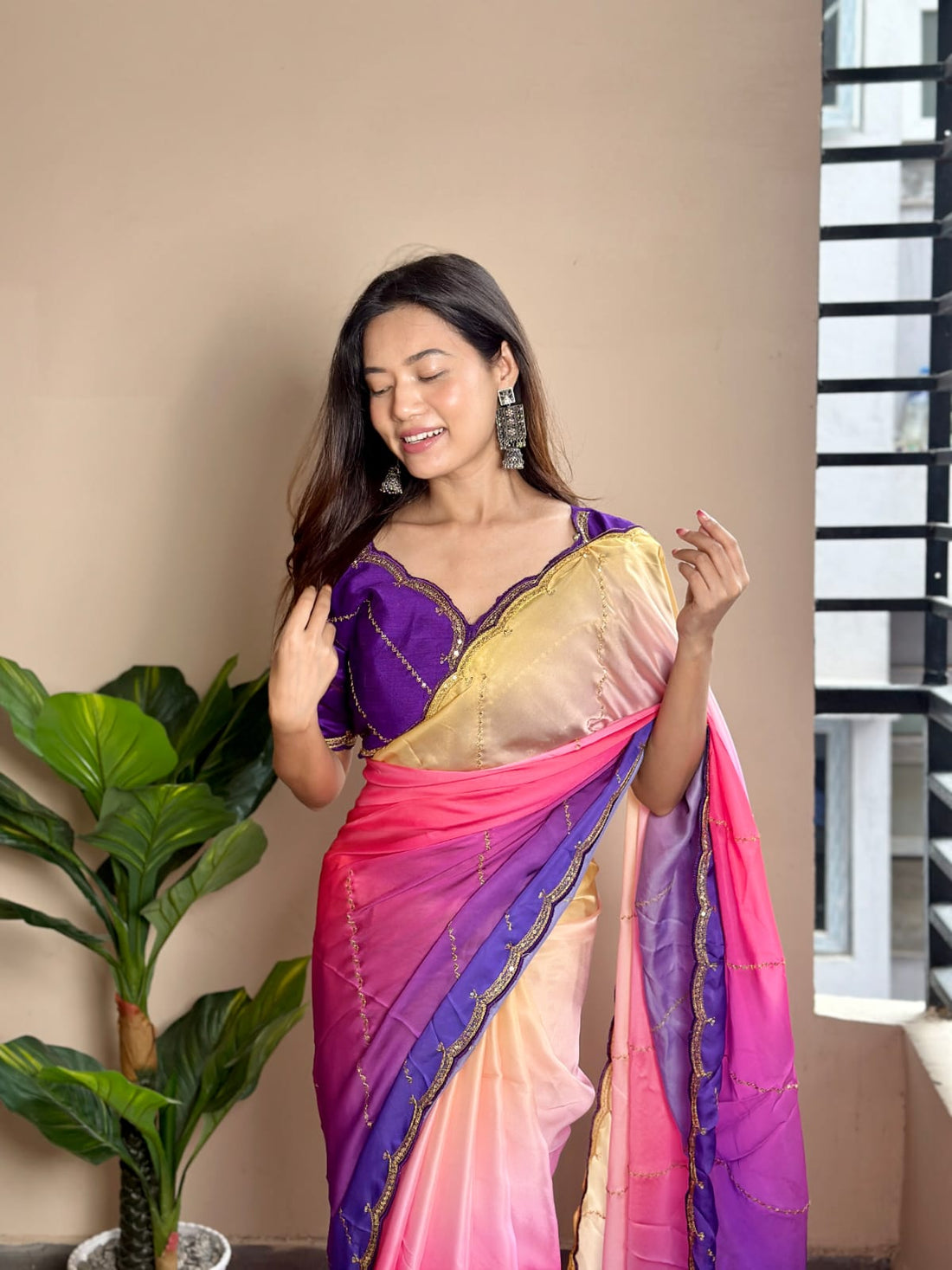 Multicolored Soft Georgette Satin Saree