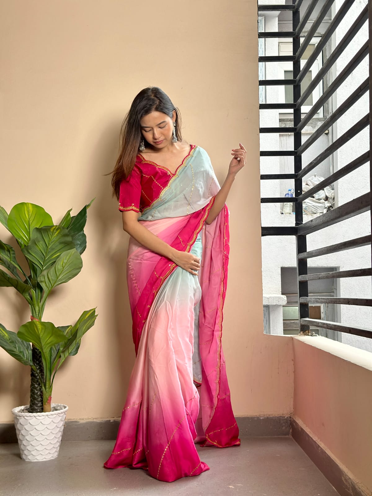 Multicolored Soft Georgette Satin Saree