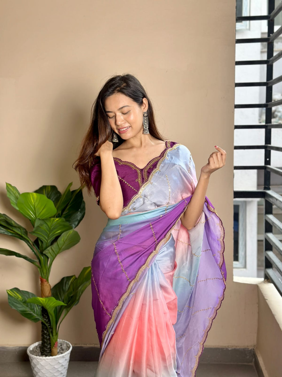 Multicolored Soft Georgette Satin Saree