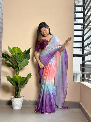 Multicolored Soft Georgette Satin Saree