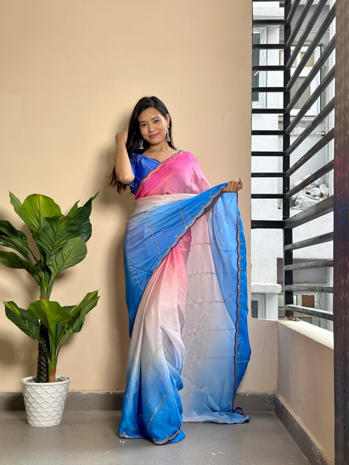 Multicolored Soft Georgette Satin Saree