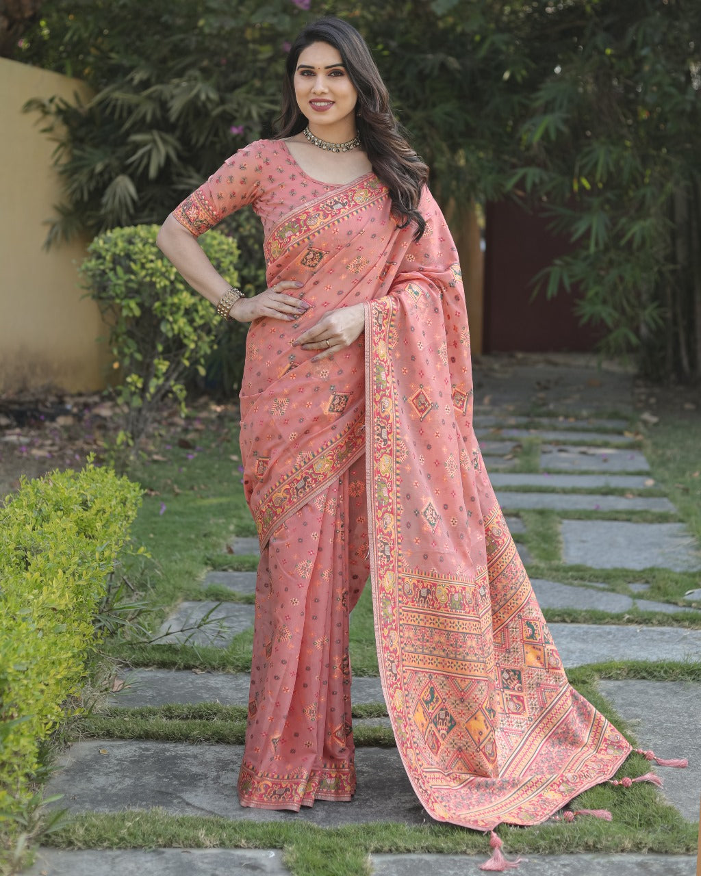 Peach Pashmina Soft Cotton Saree