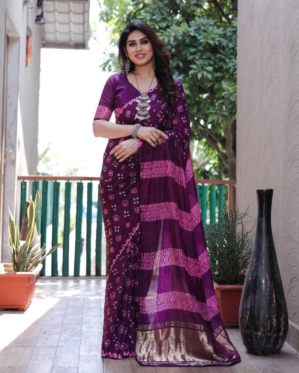 Wine Bandhej Silk Saree