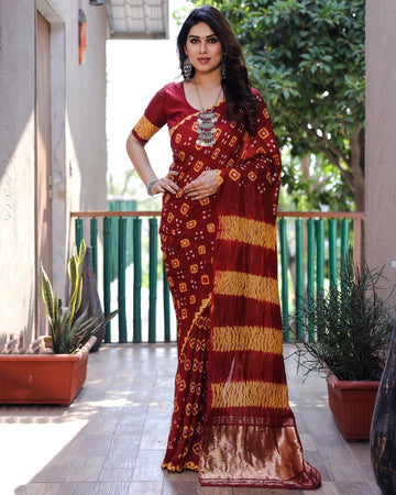 Maroon Bandhej Silk Saree