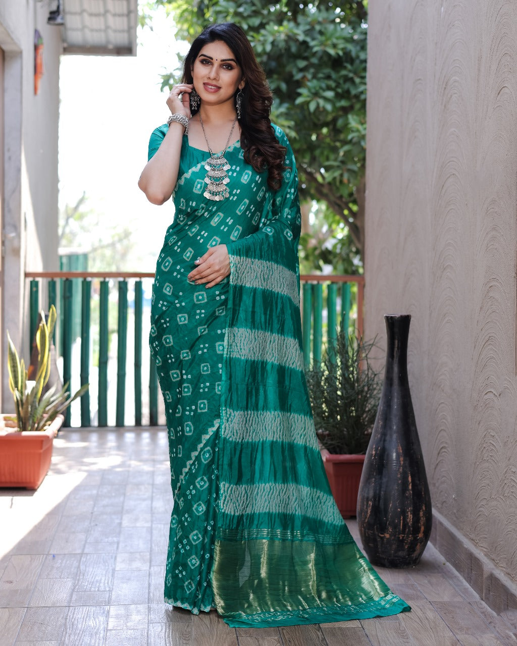 Teal Green Bandhej Silk Saree