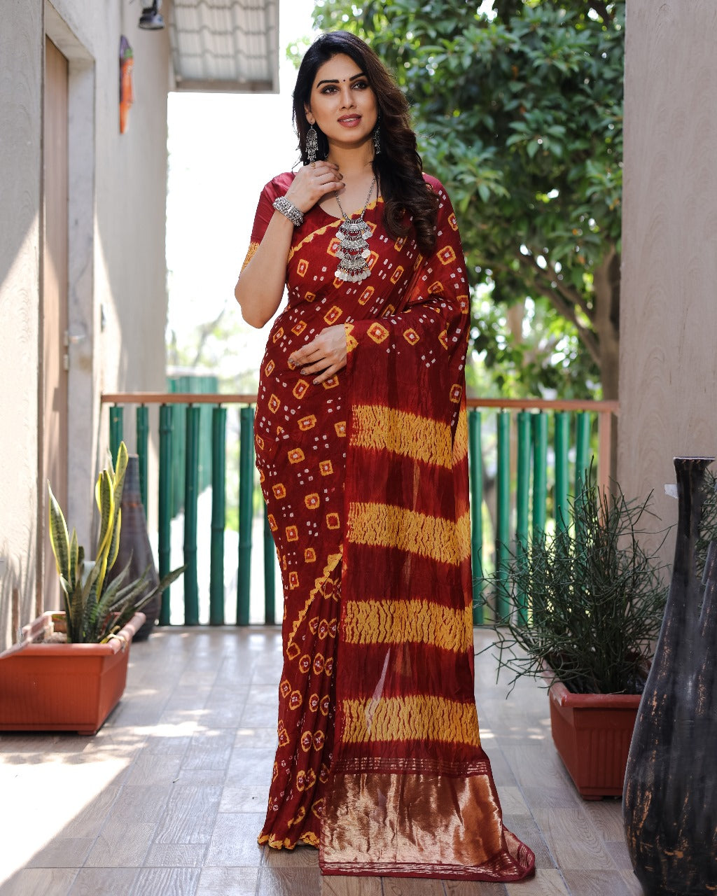 Maroon Bandhej Silk Saree