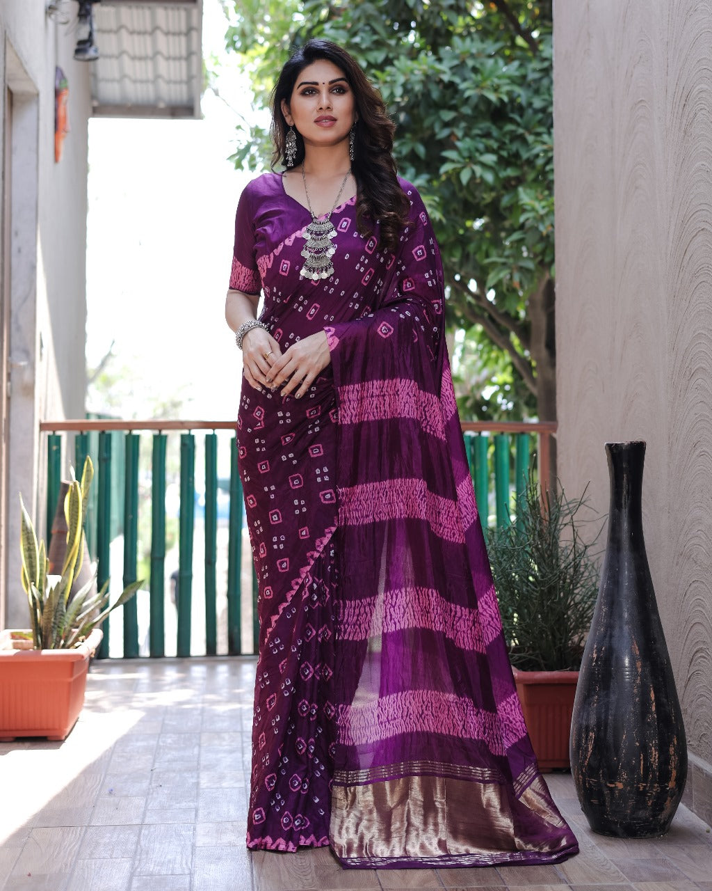 Wine Bandhej Silk Saree