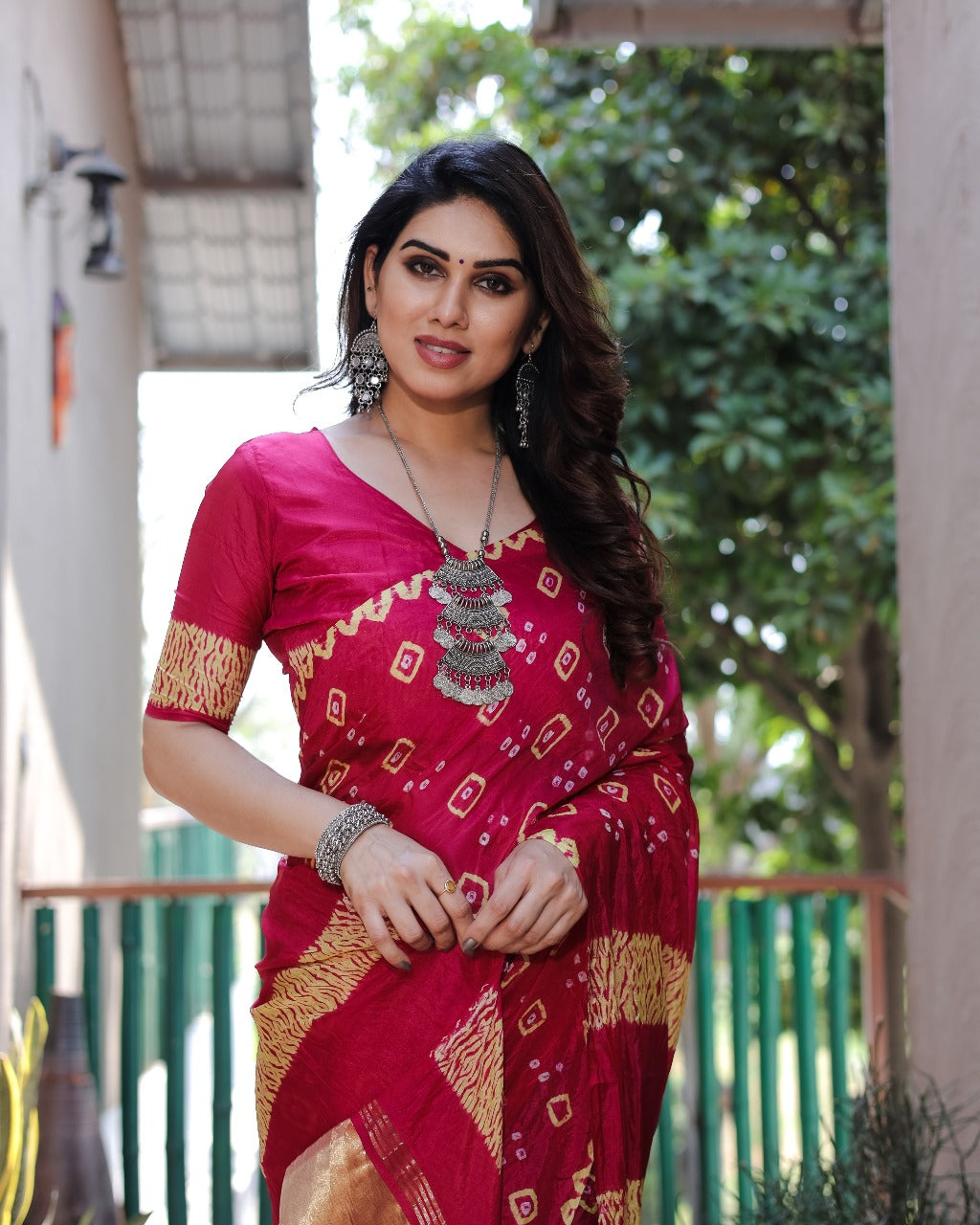 Red Bandhej Silk Saree