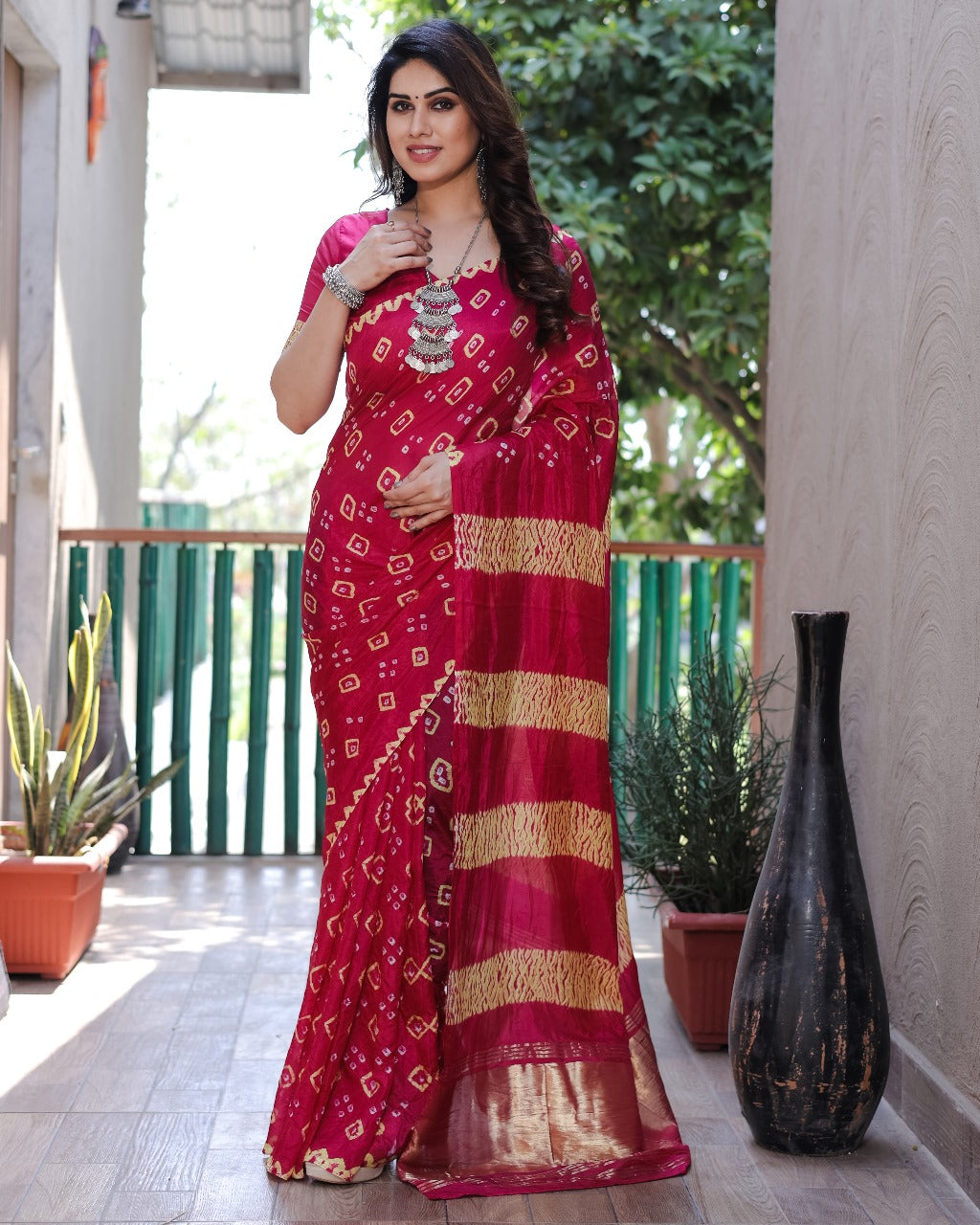 Red Bandhej Silk Saree