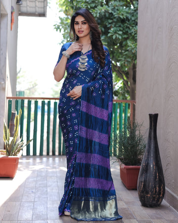 Navy Blue Bandhej Silk Saree