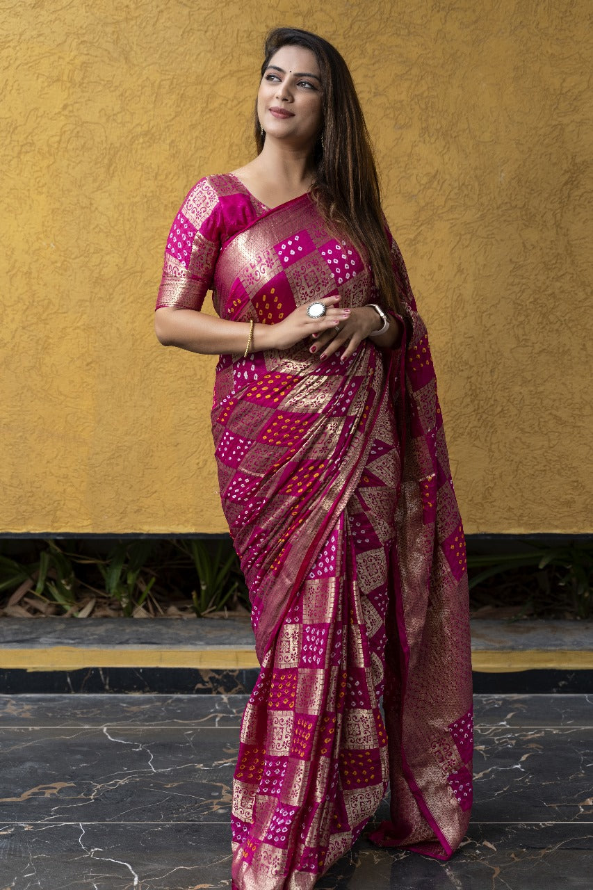 Magenta Pink Bandhej Silk Saree