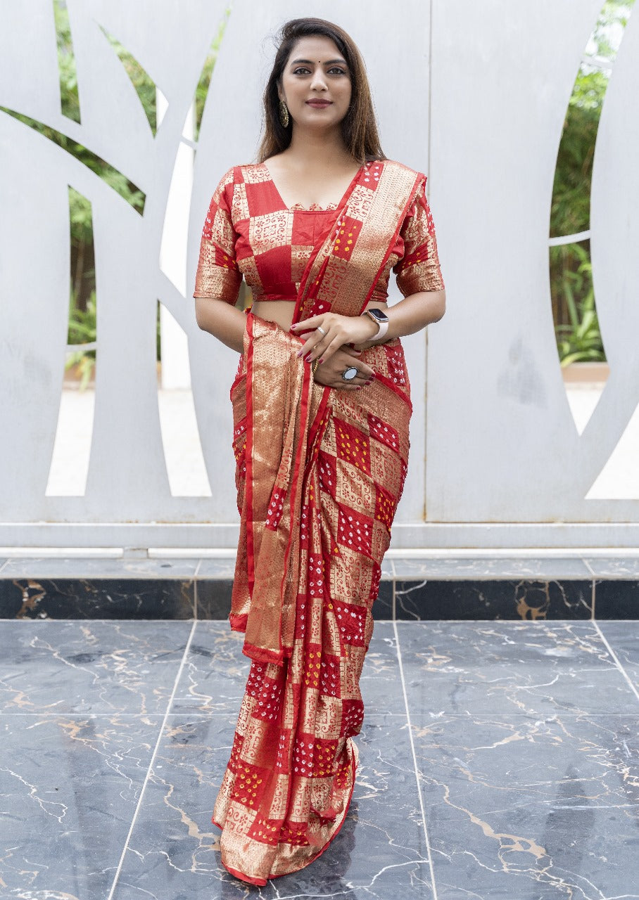 Red Bandhej Silk Saree