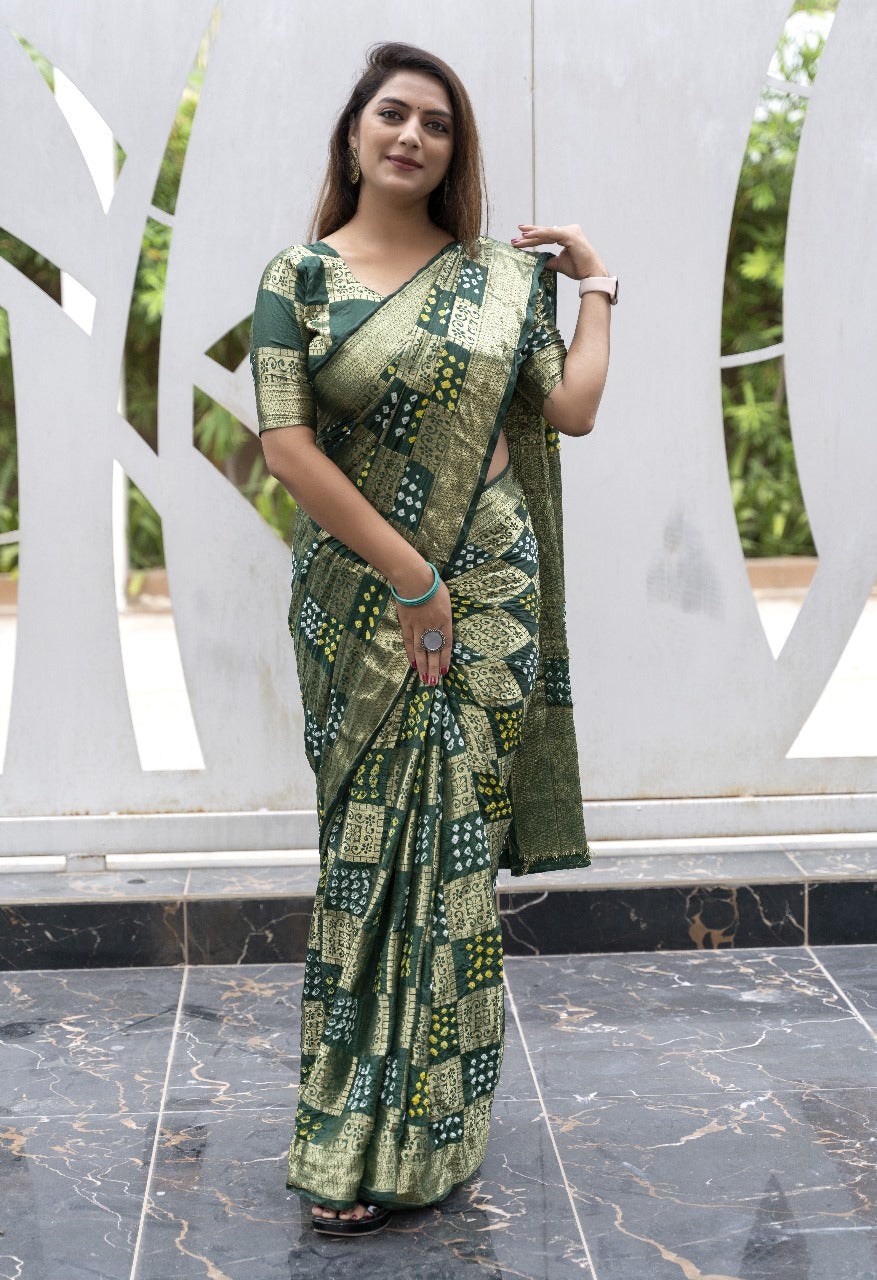 Green Bandhej Silk Saree