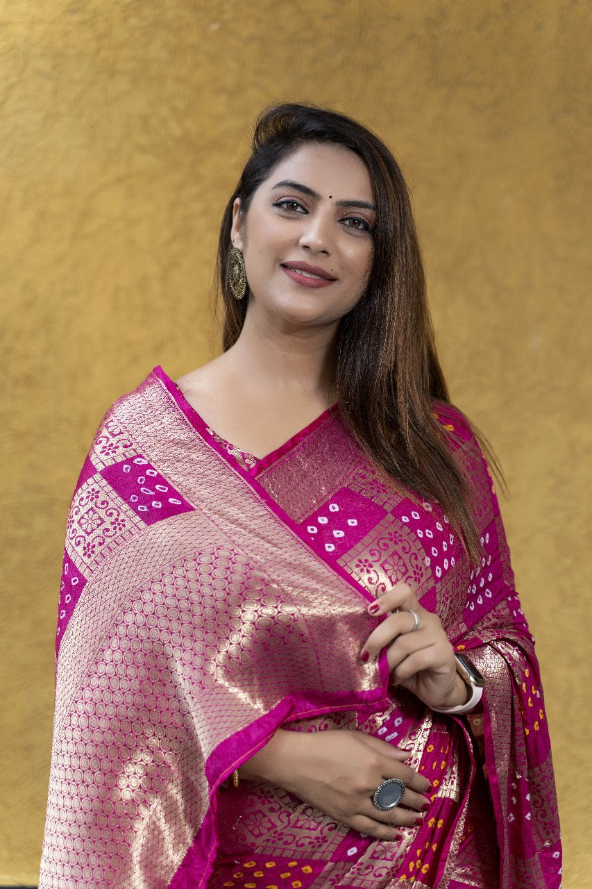 Magenta Pink Bandhej Silk Saree